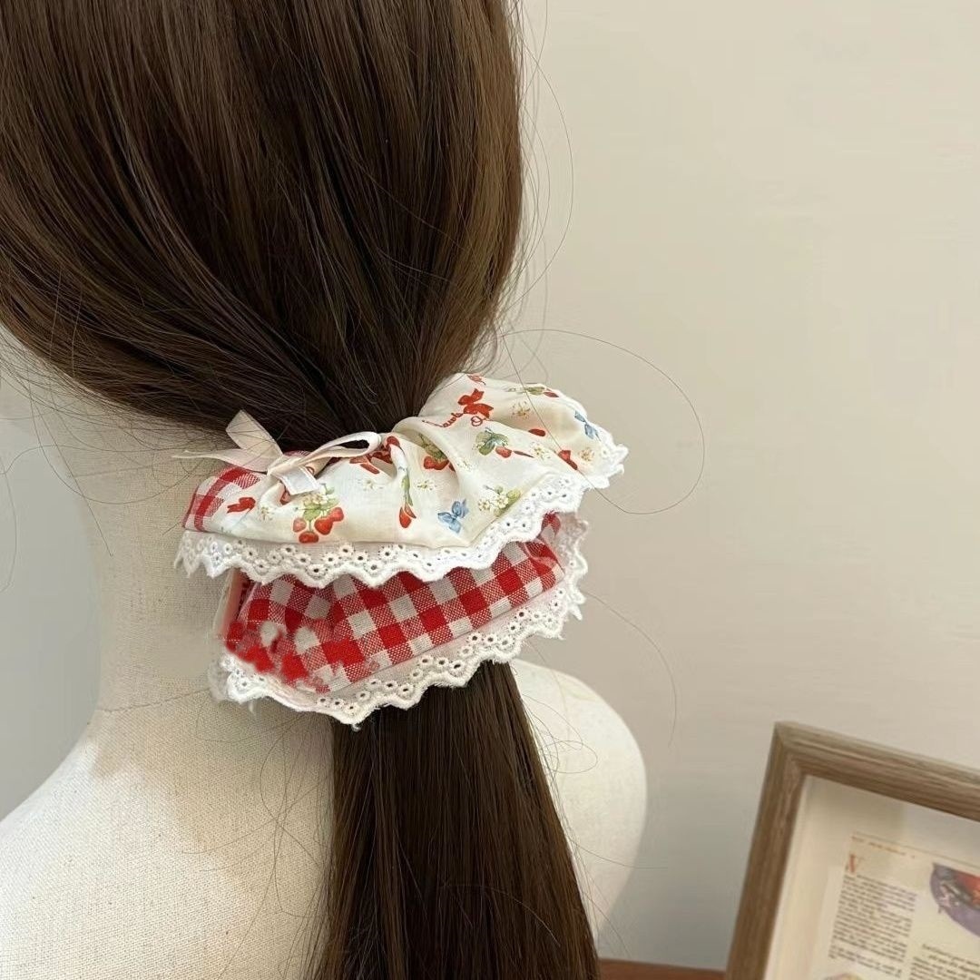 Women's Cloth Hair Scarf Tie Sweet Pastoral Strawberry Floral Lattice Print