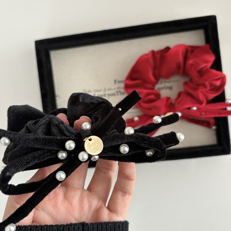 Women Pearl Velvet Autumn Winter Hair Scrunchie Red Black Bowknot
