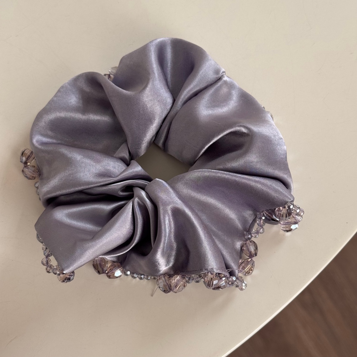 Women's Spring French Retro Satin Hair Tie Sparkly Crystal Beige