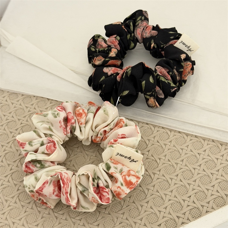 Women's Minimalist Fabric Hair Tie For Ponytails Beige Black Floral Print