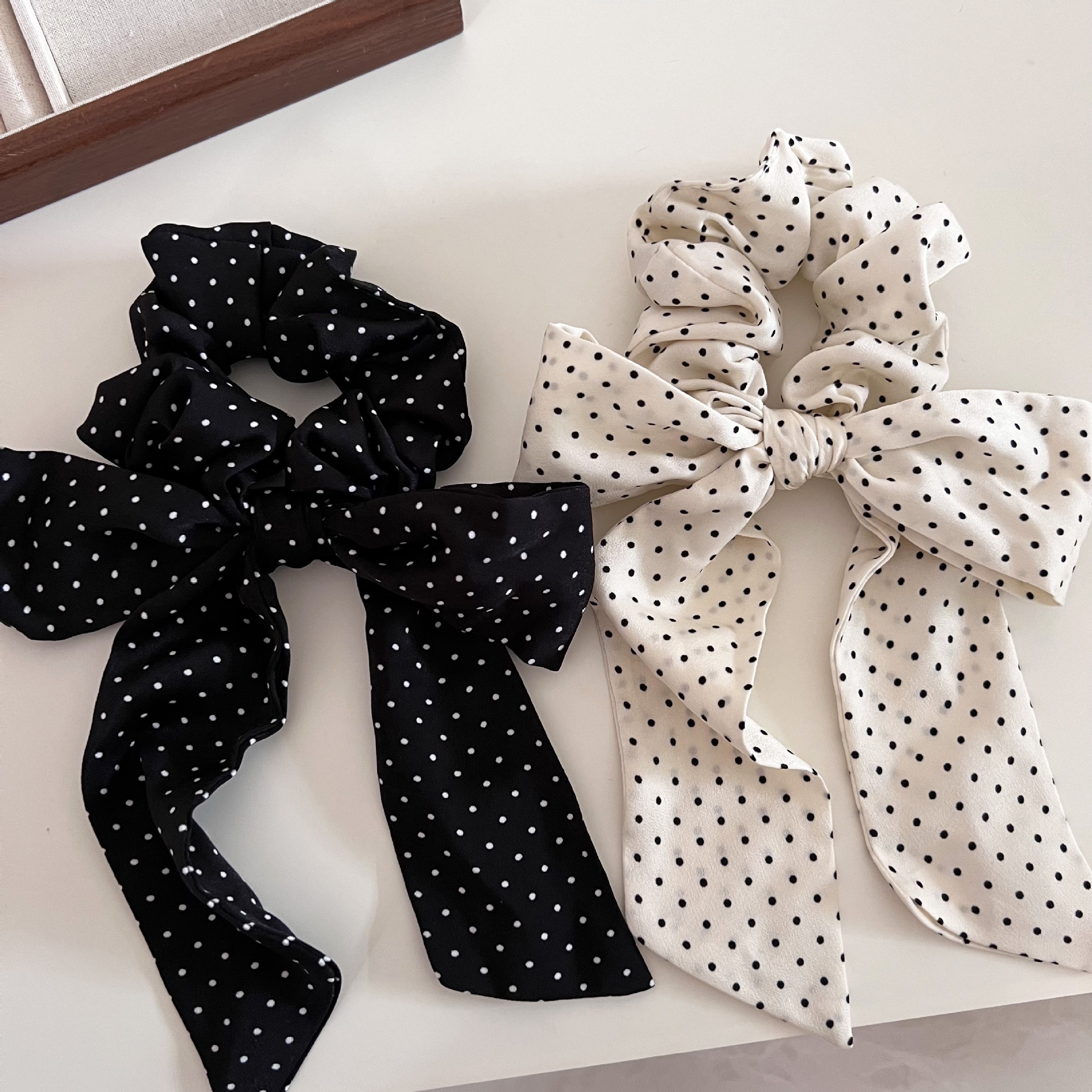 Women's Cloth Low Ponytail Elastic Hair Tie Beige Black Polka Dot Bow