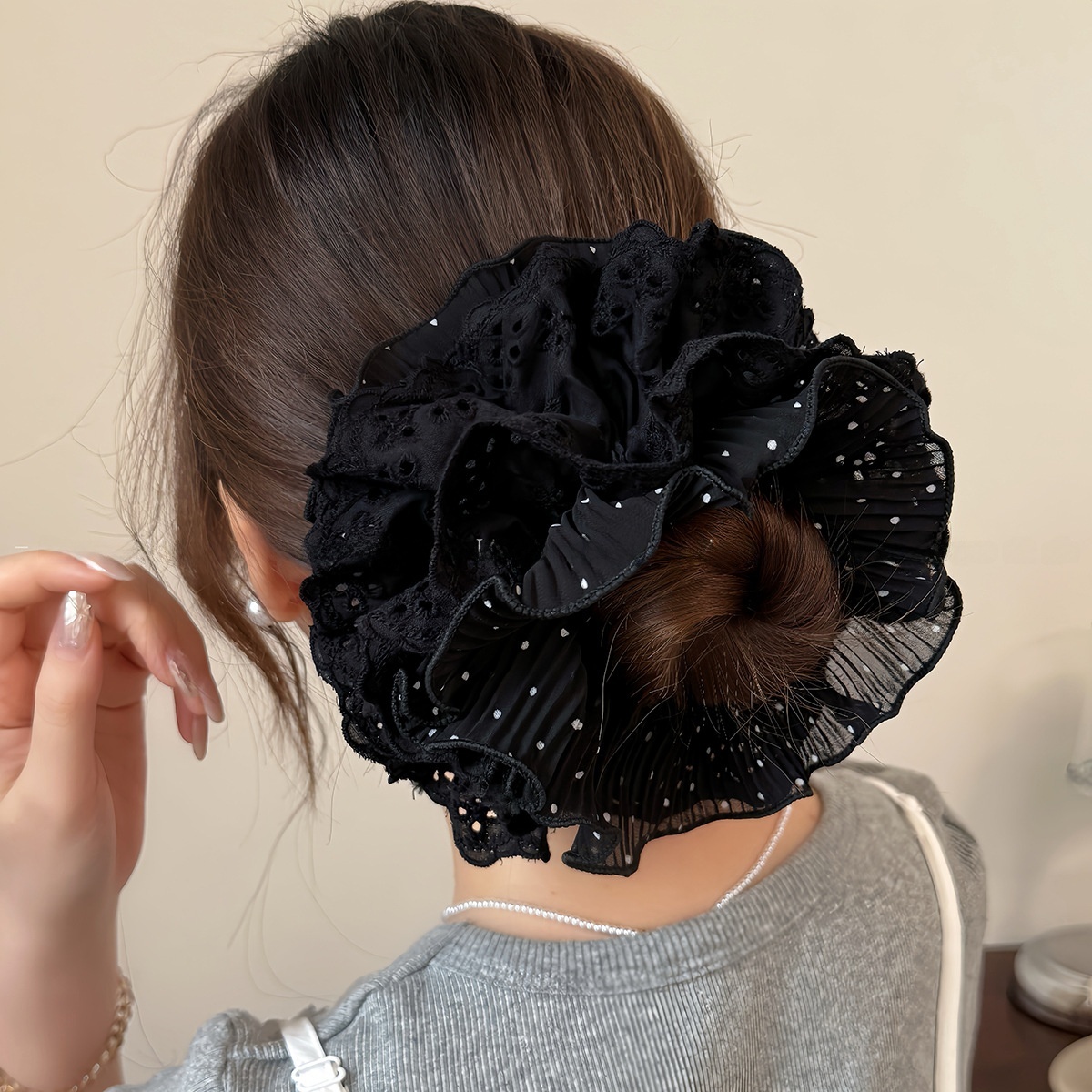 Women's Lace Scrunchie Hair Tie For Elegant Looks Black White Polka Dots