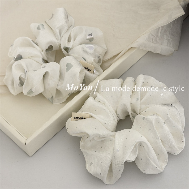 Women's Soft Cloth Heart Shaped Hair Tie For Daily Wear Silver Polka Dot