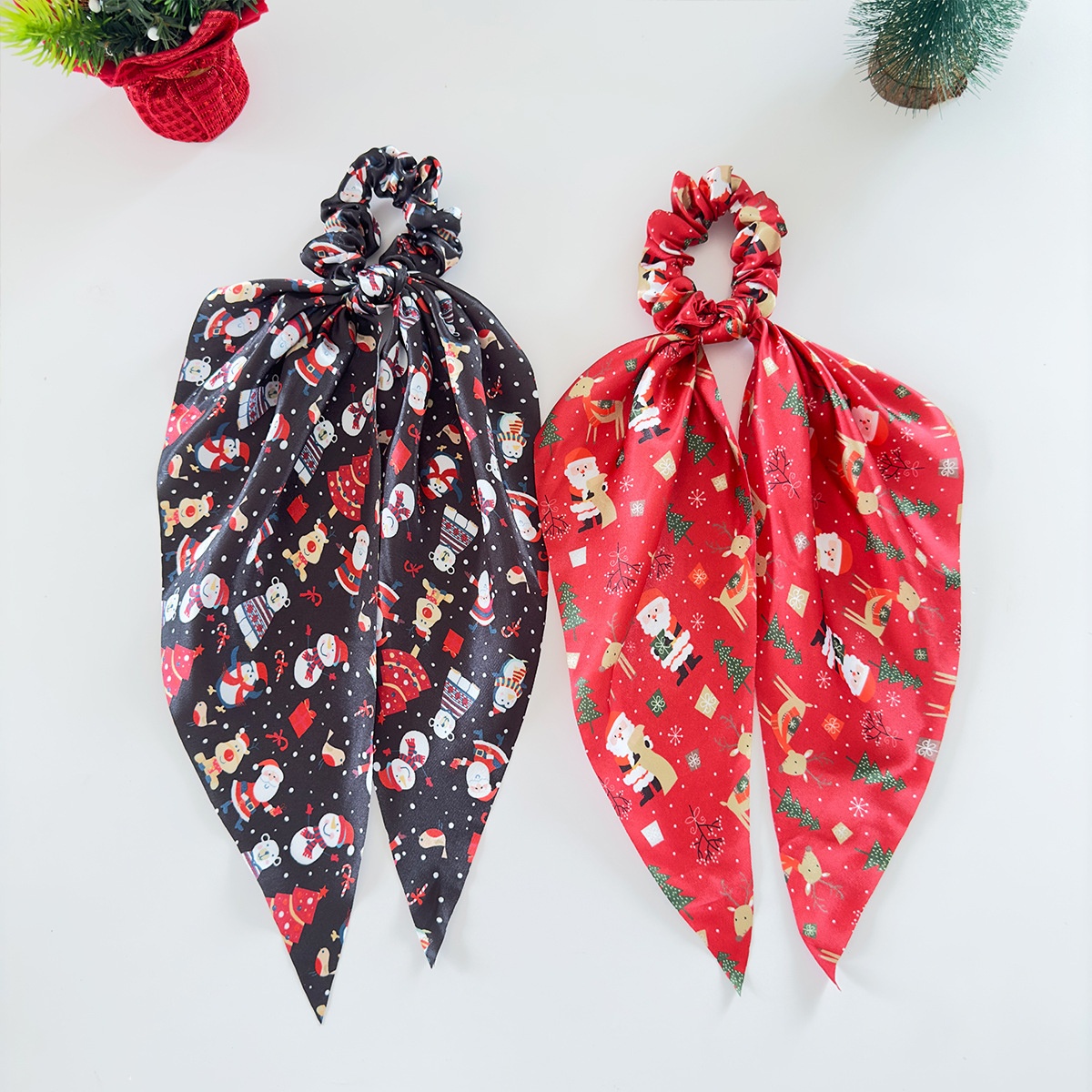 Women's Silk Scarf Bowknot Elastic Hair Tie Festive Christmas Style