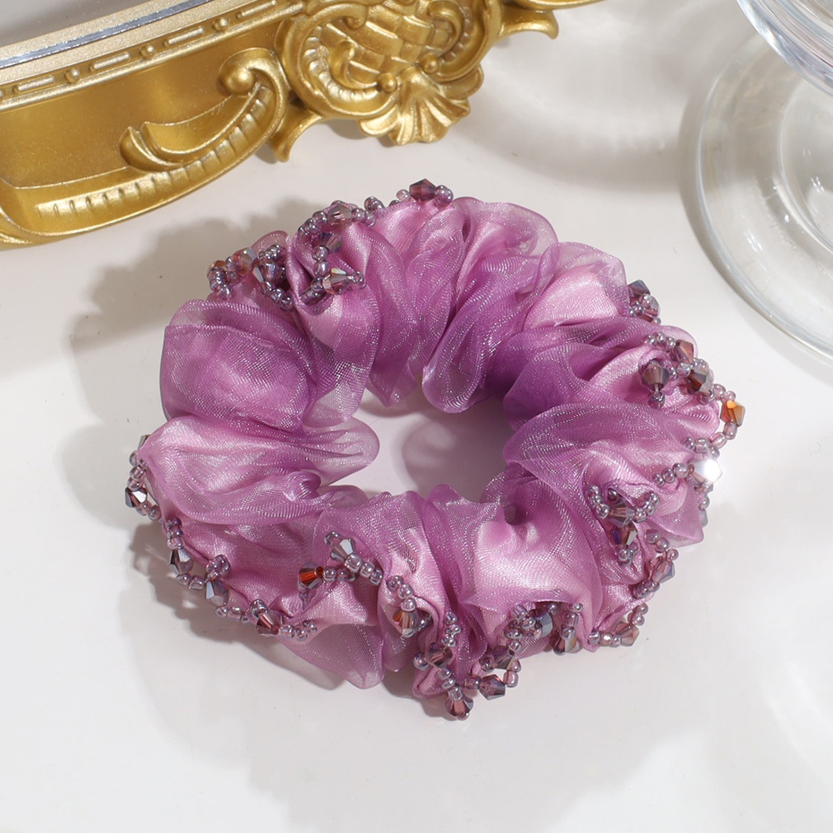 Women's Elegant Organza Hair Tie With Pearl Rhinestone Flower Tassel