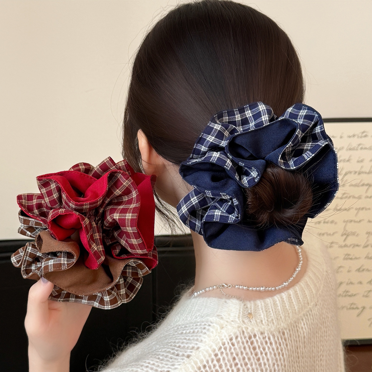 Women's Retro Cloth Flower Bud Hair Ties Double Layer Plaid Scrunchies