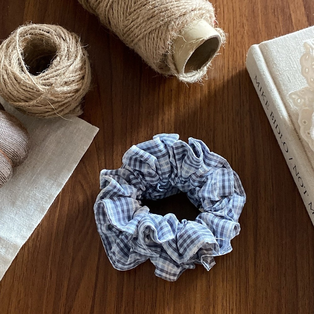 Women's Spring Summer Cloth Hair Rubber Band Scrunchie Blue Plaid