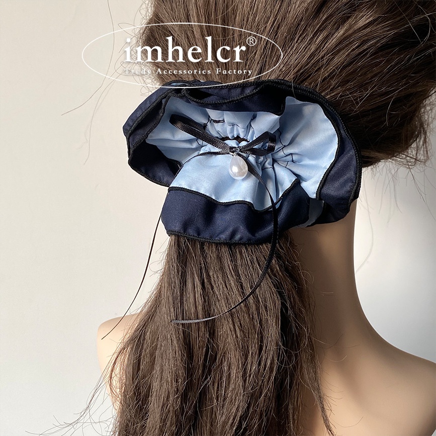 Women's Blue Pearl Knot Hairband Double Band High Elasticity Cloth Hair Tie