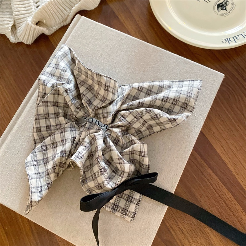 Women's Cloth Bowknot Telephone Cord Hair Tie For Spring Black Plaid