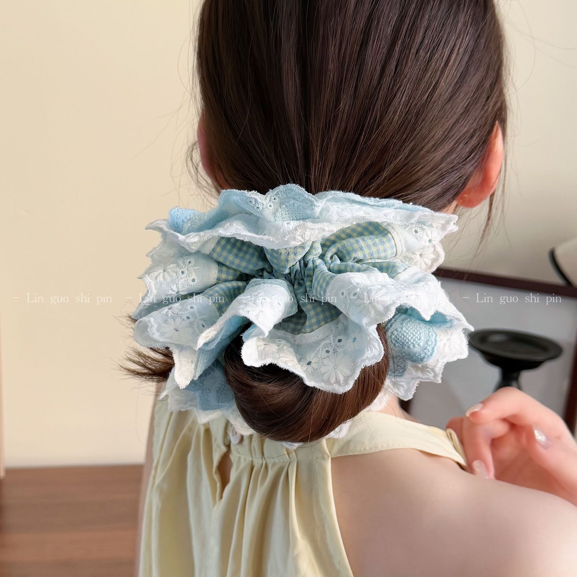 Women's Preppy Lace Heart Shape Hair Tie Daily Accessory Blue Plaid