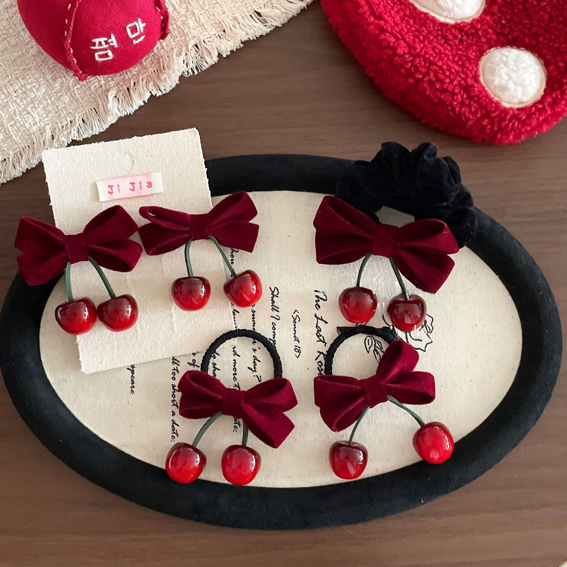 Girls Festive Velvet Headband New Year Hair Accessories Wine Red Cherry