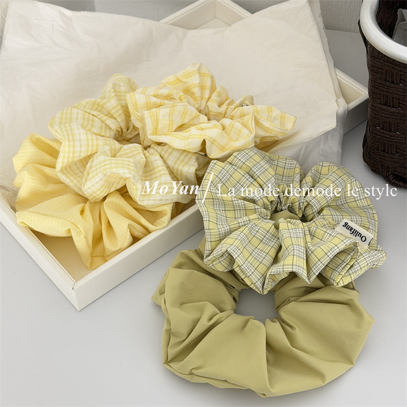 Women's Spring Korean Cloth Hair Tie Scrunchie Yellow & Green Plaid