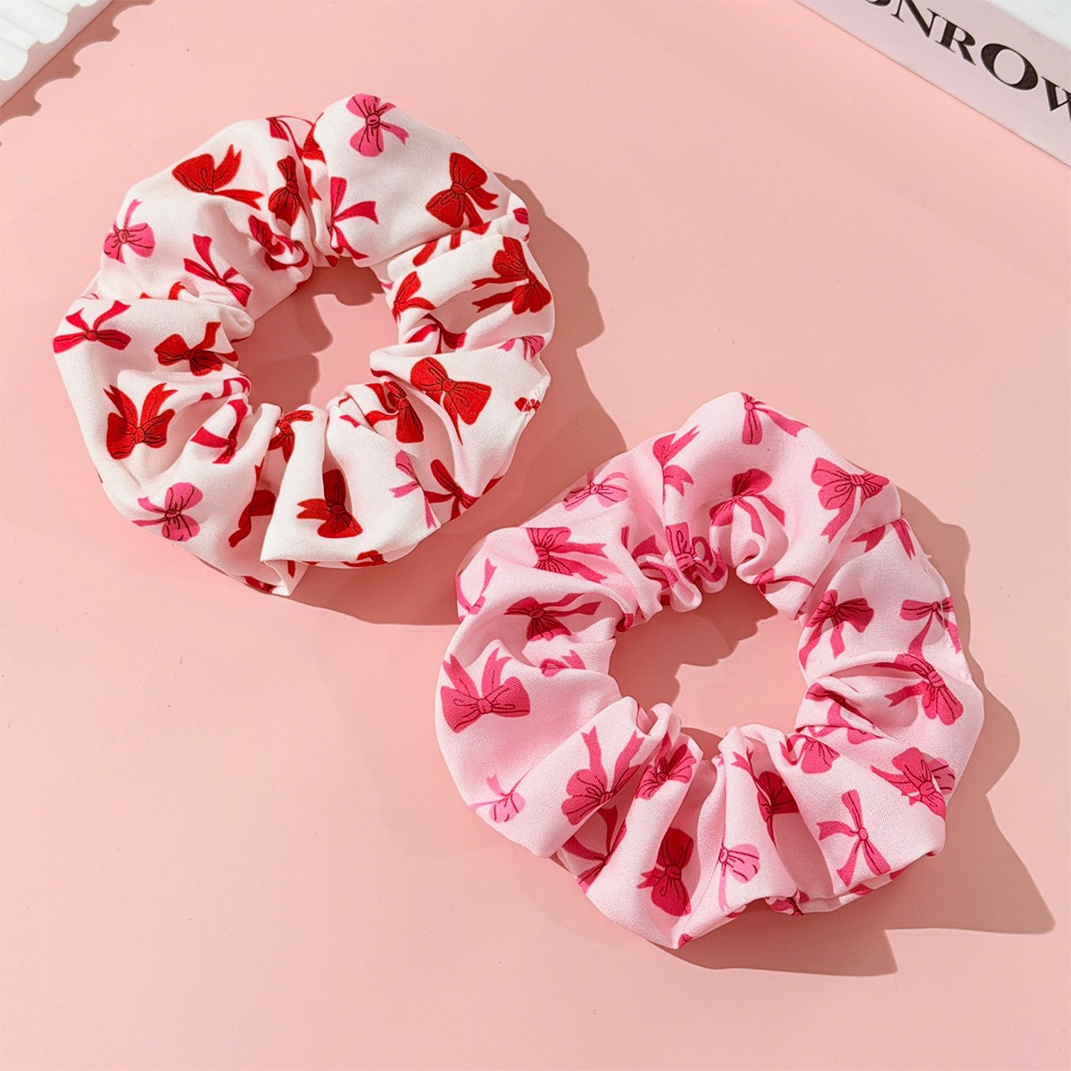 Women's Large Elastic Fabric Hairband White Pink Ribbon Bow Knot Print