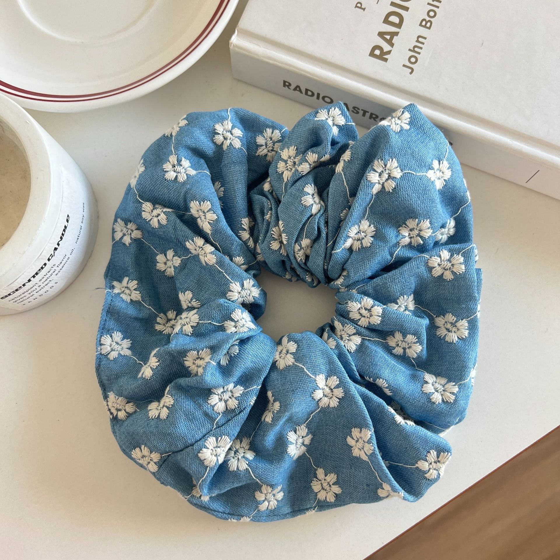 Women's Large Denim Blue Rose Flower Hair Tie Elegant Elastic Cloth Hair Band