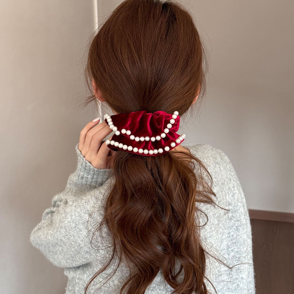 Women's New Year Velvet Pearl High Elastic Hair Band Solid Red