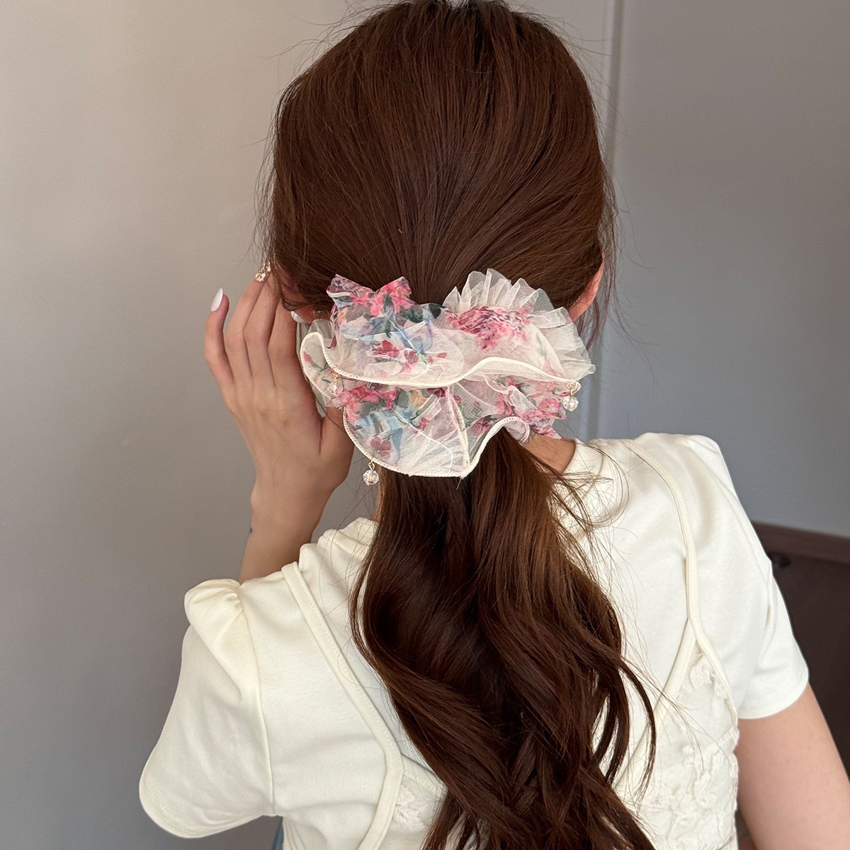 Women's Spring Gauze Bubble Braid Hair Tie Pink Ditsy Floral