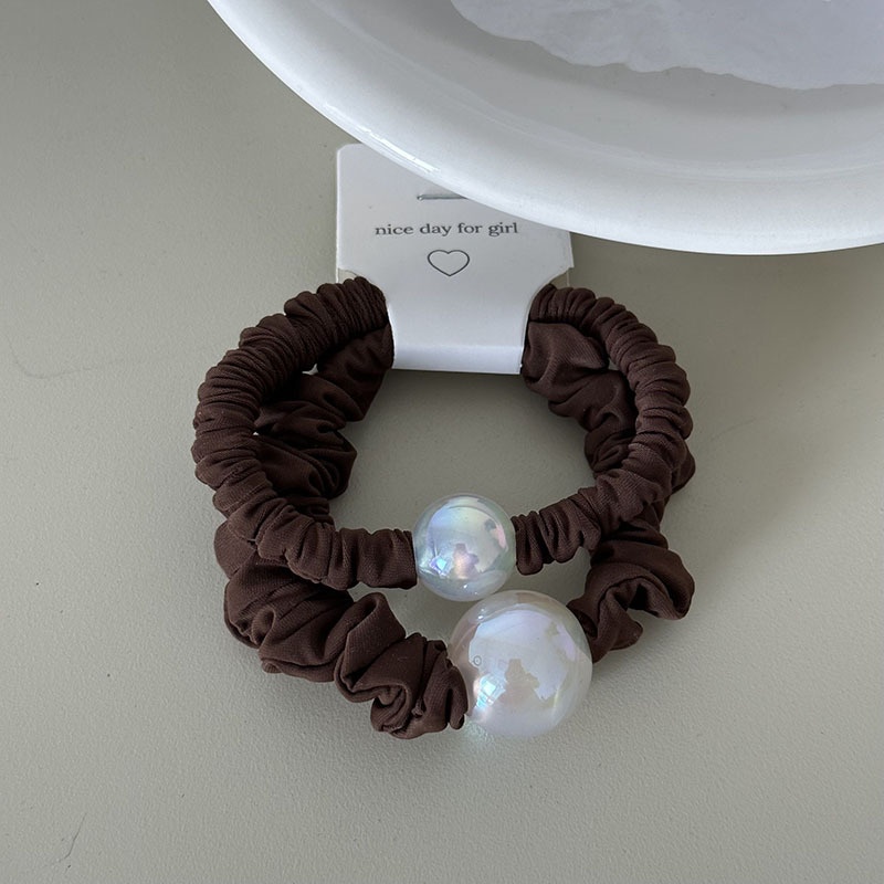 Women's All Season French Cloth Hair Tie Pair Black Coffee Round Bead
