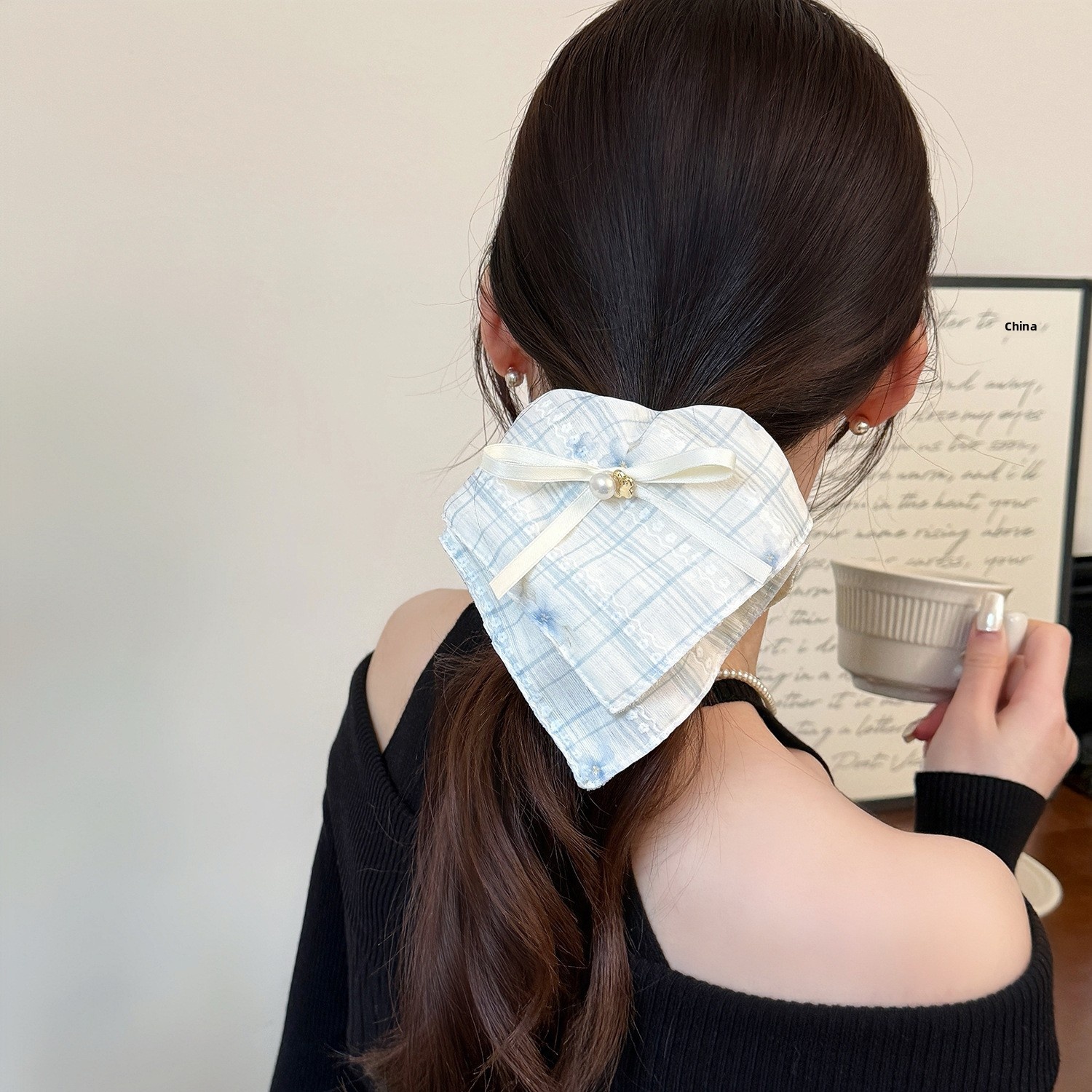 Women's Sweet Spring Summer Lace Bow Cloth Hair Tie Pink Blue Plaid