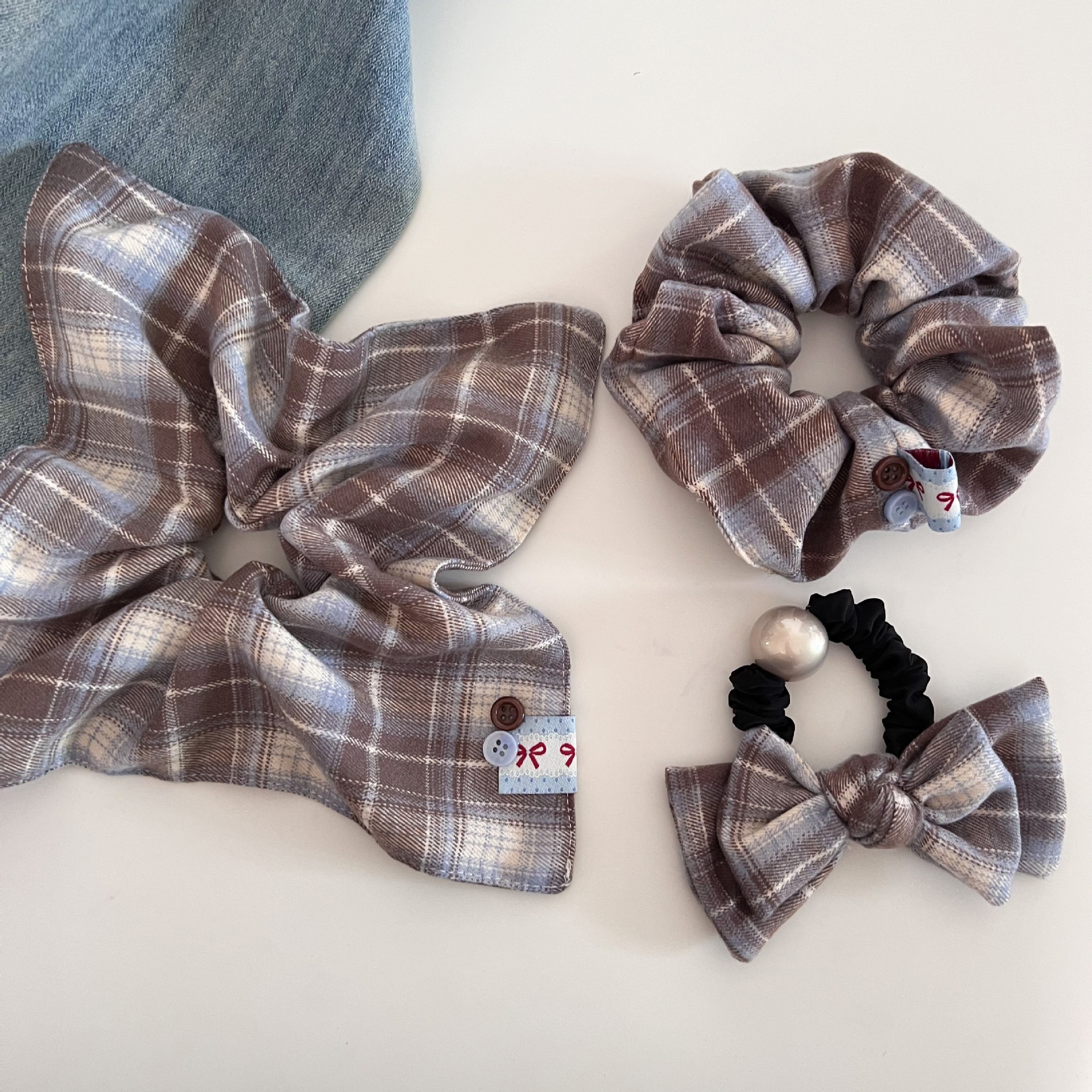 Women Cloth Bow Hair Scrunchies Coffee Plaid Checkered Autumn Winter