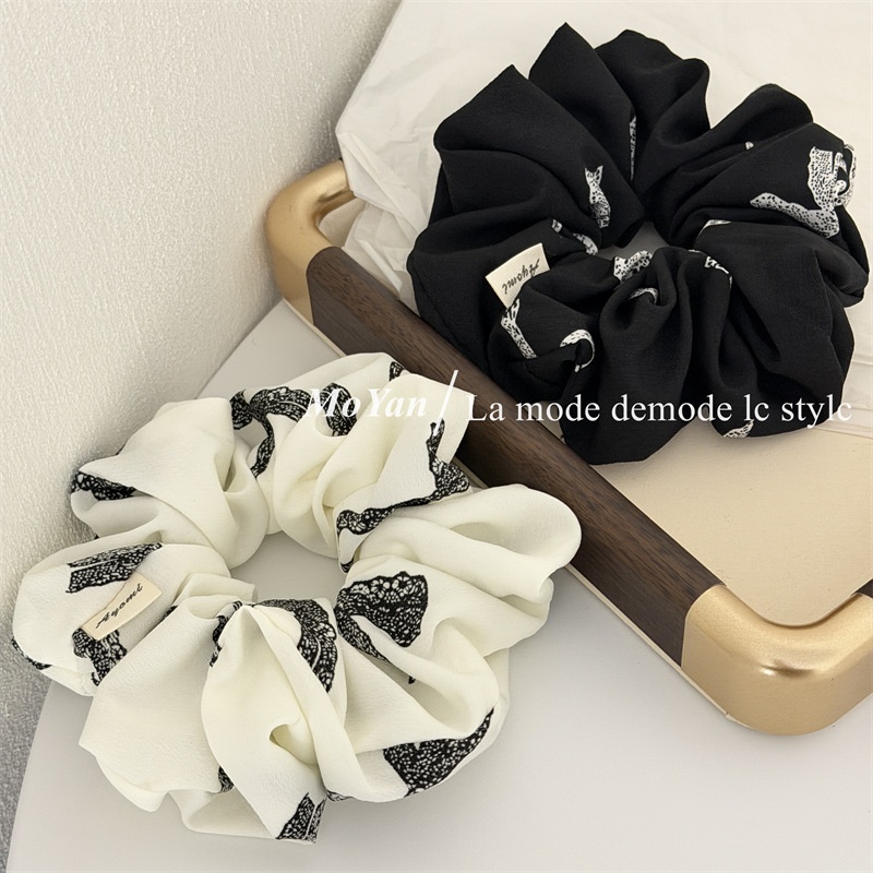 Women's Casual Fabric Hair Tie Large Bowknot Black White Ink Wash Print