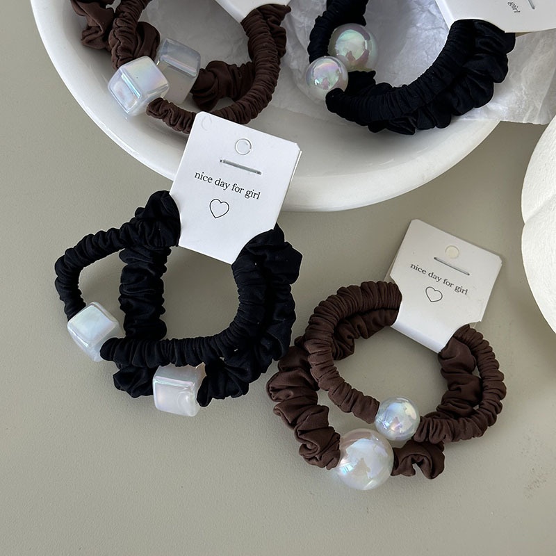 Women's All Season French Cloth Hair Tie Pair Black Coffee Round Bead