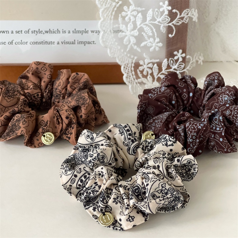 Women's Versatile Cloth Elastic Hair Bands Brown Almond Floral Print