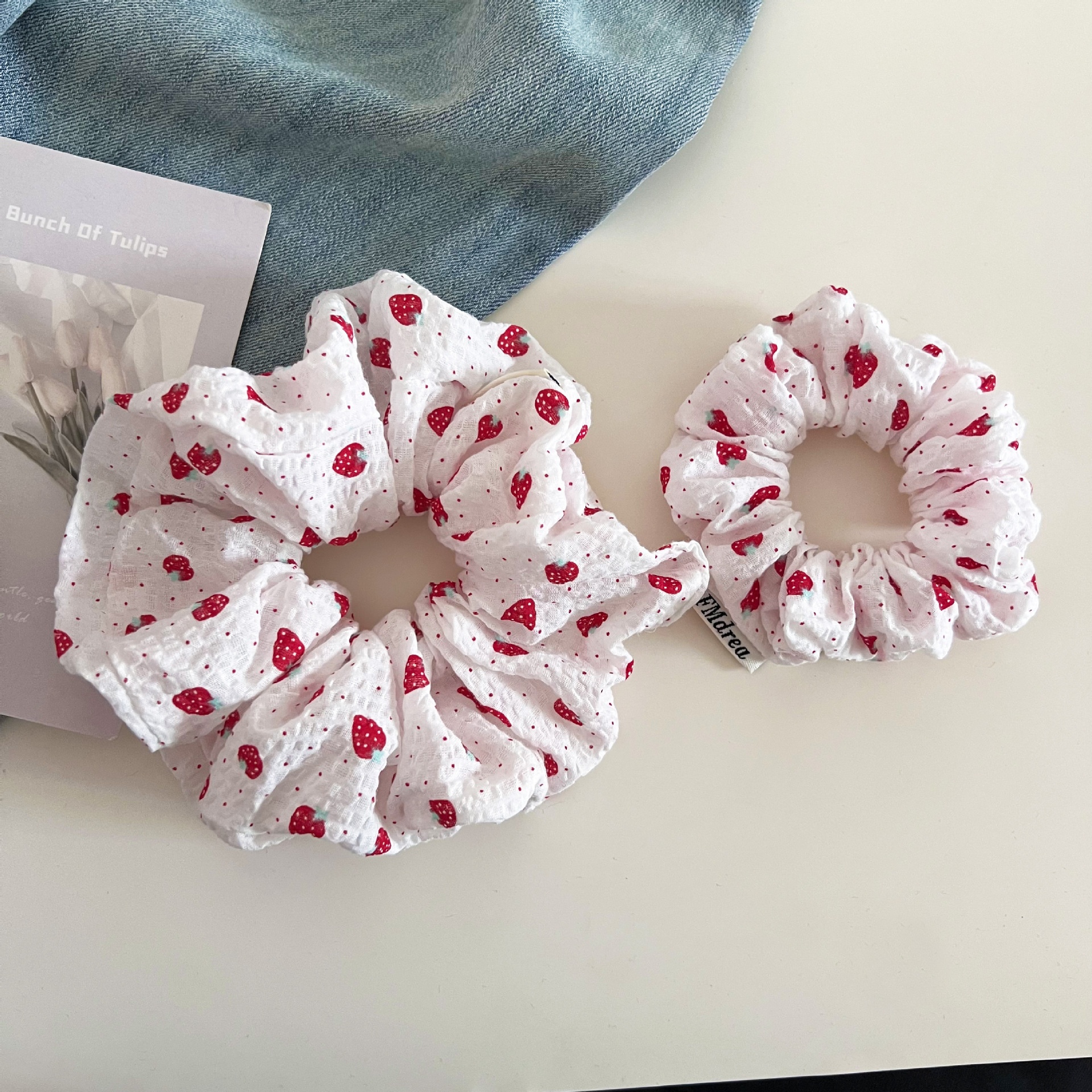 Women's Summer Cloth Ruched Bun Hair Scrunchie Strawberry Polka Dots