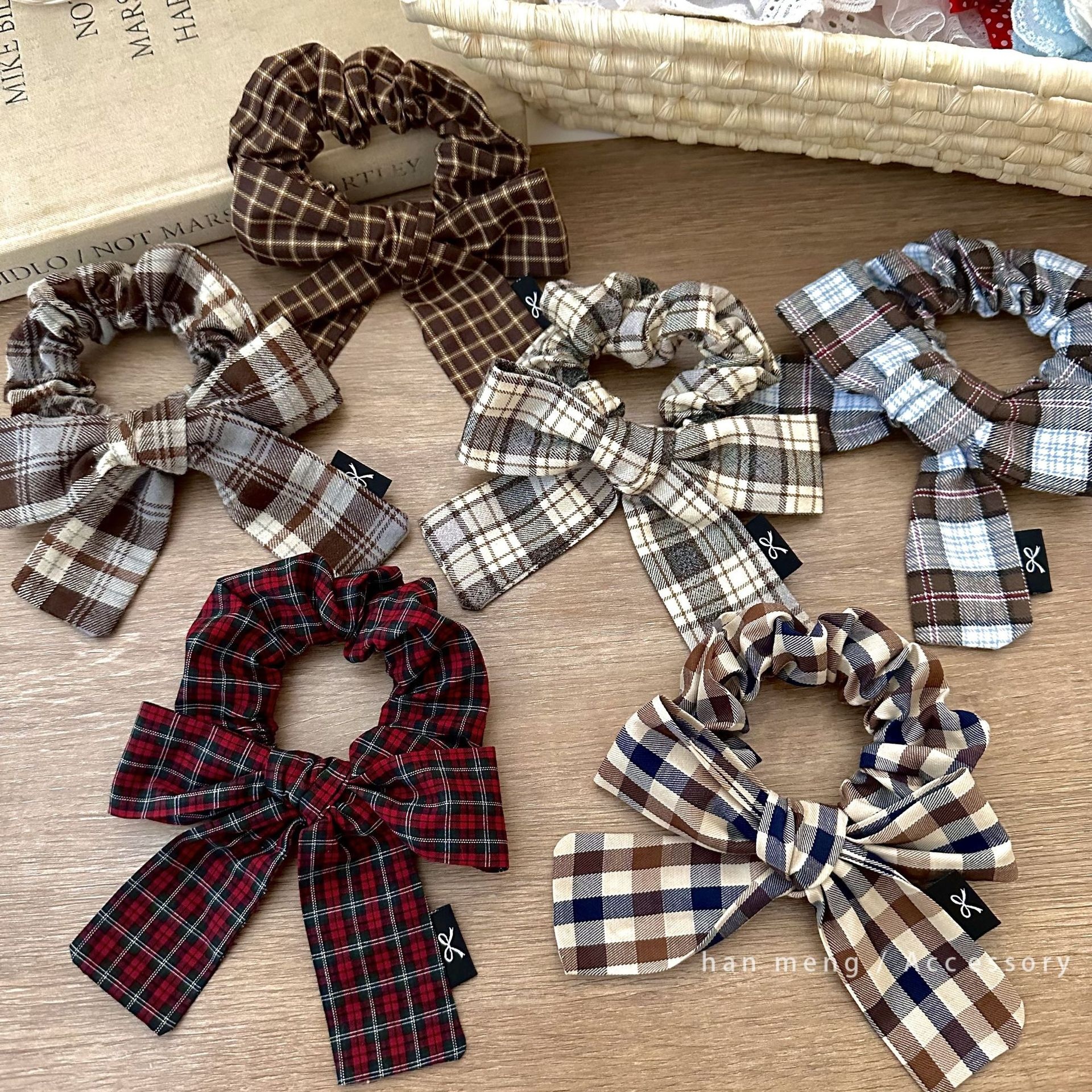 Women's Cotton Bowknot Ponytail Holder Hair Ties Retro Green Camel Plaid