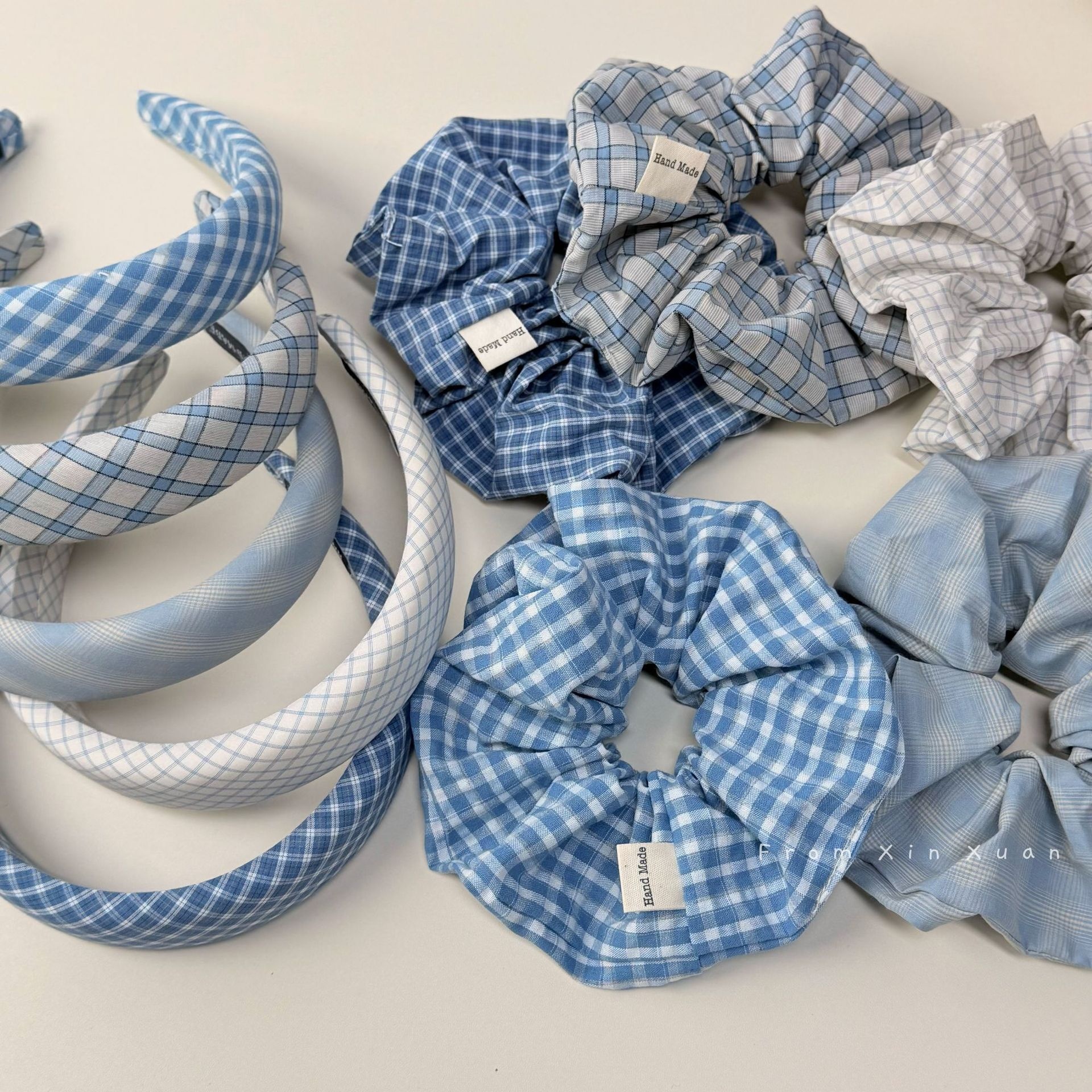 Women Sweet Cloth Hair Band Spring Daily Wear Blue Plaid Pattern