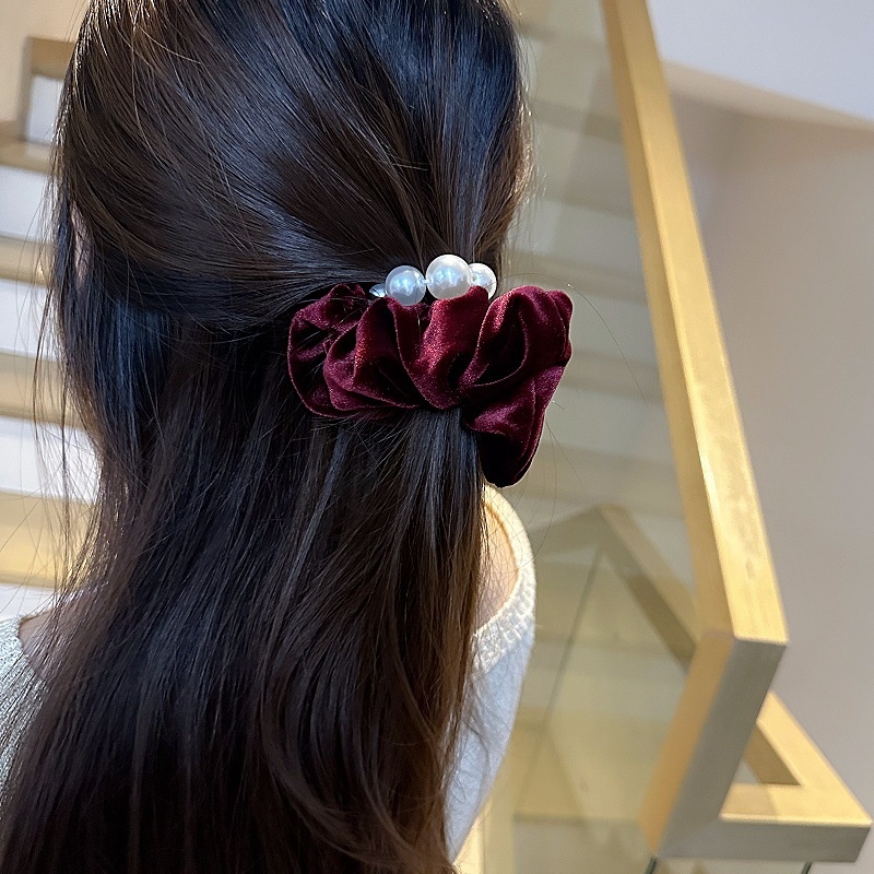 Women Elegant Velvet Pearl Hair Tie Coffee Lake Blue Black Wine Red