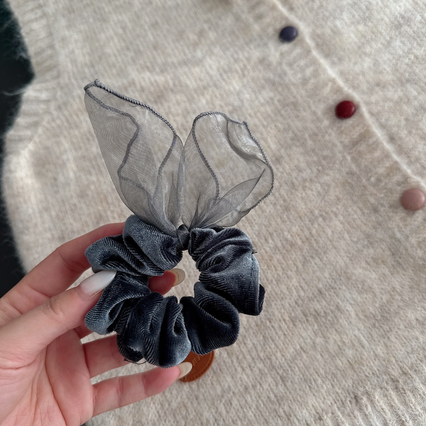 Women's Retro Velvet Mesh Rabbit Ear Bow Hair Tie Bun Fixing Khaki Coffee