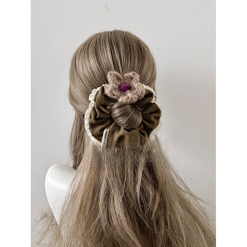 Women Winter Knitted Ruffled Ponytail Hairband Pink Dark Coffee Flower