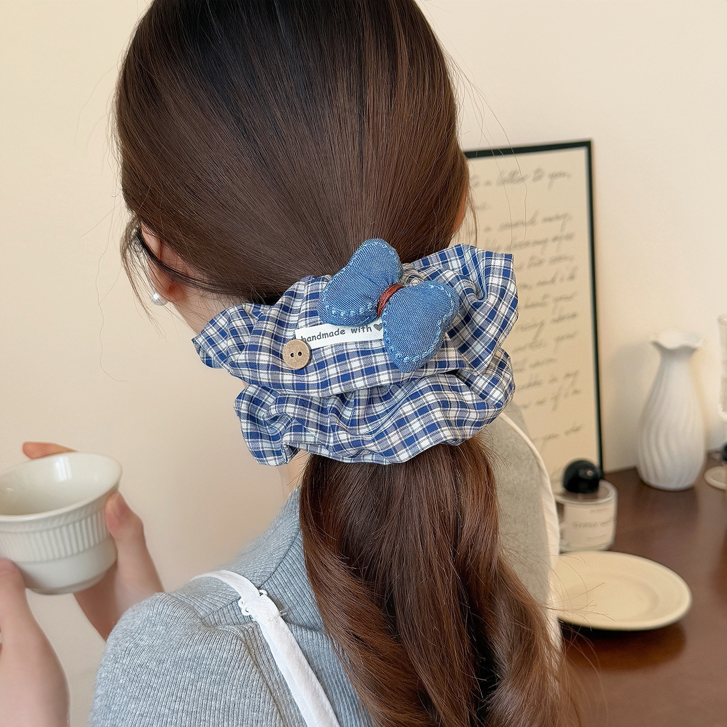 Women's Stylish Cloth Bowknot Scrunchie Blue Plaid Bear Pattern