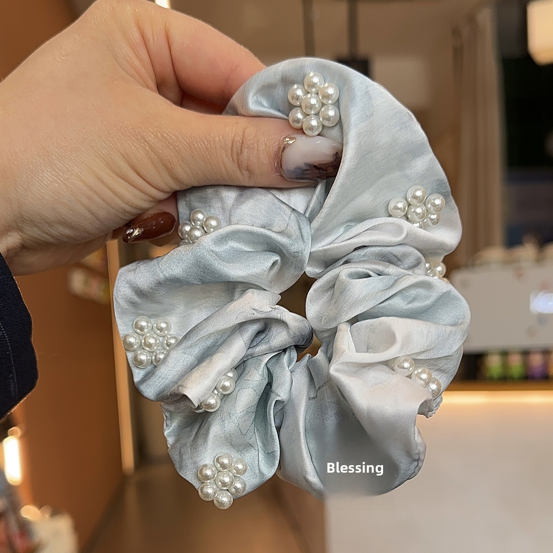 Women's French Satin Pearl Foldable Bubble Hair Tie Solid Color