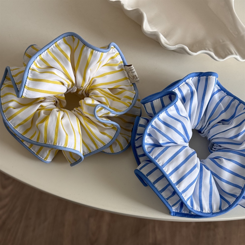 Women's Summer Cloth Telephone Cord Hair Tie Yellow Blue Striped