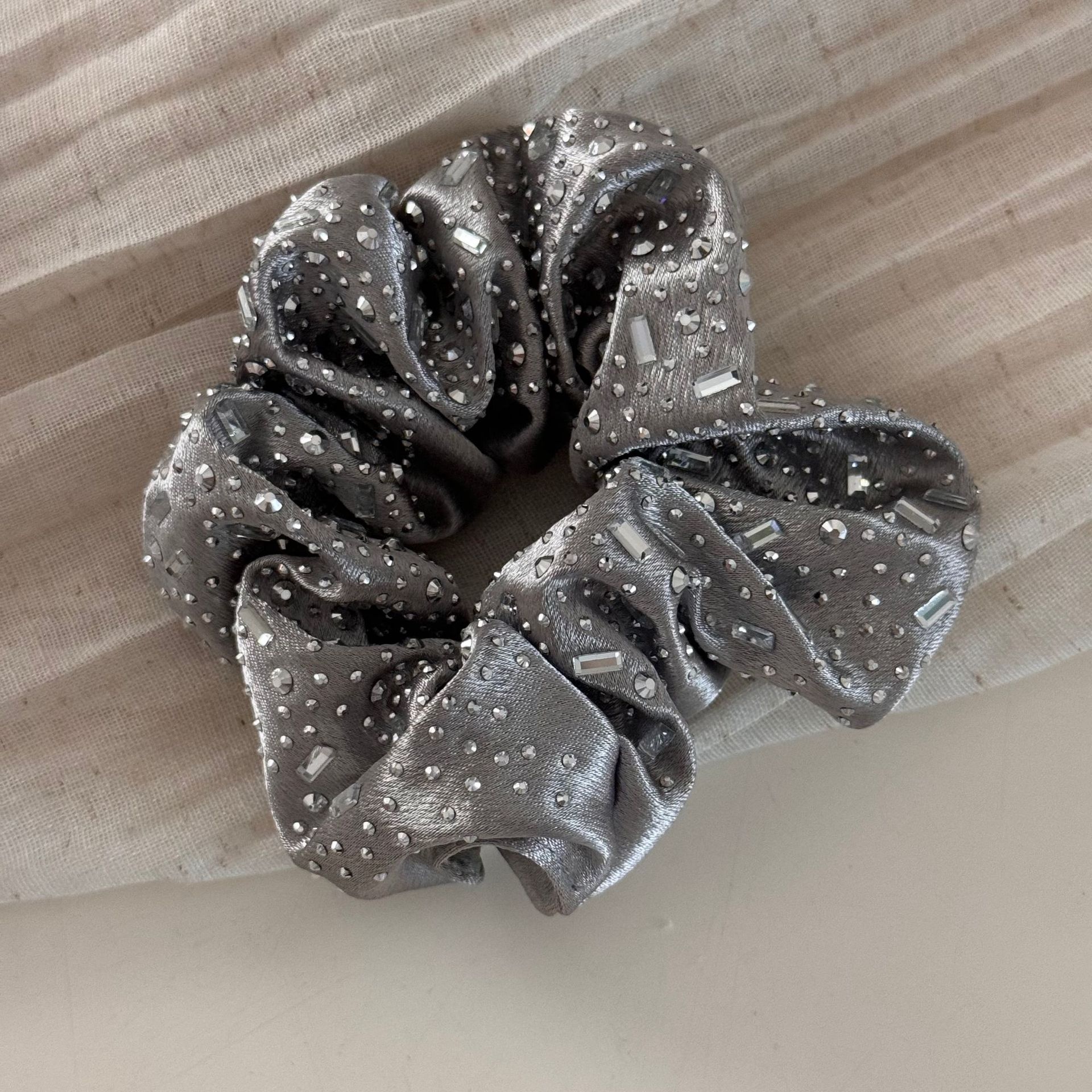 Women's Sweet Rhinestone Satin Summer Hair Tie Irregular Black