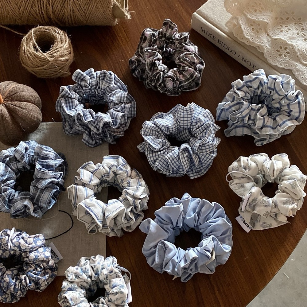 Women's Spring Summer Cloth Hair Rubber Band Scrunchie Blue Plaid