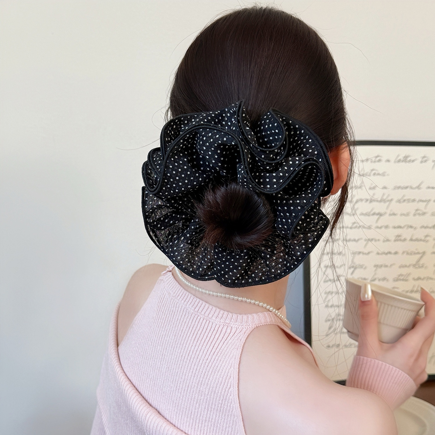 Women's Elegant Spring Soft Gauze Hair Tie Black Polka Dots