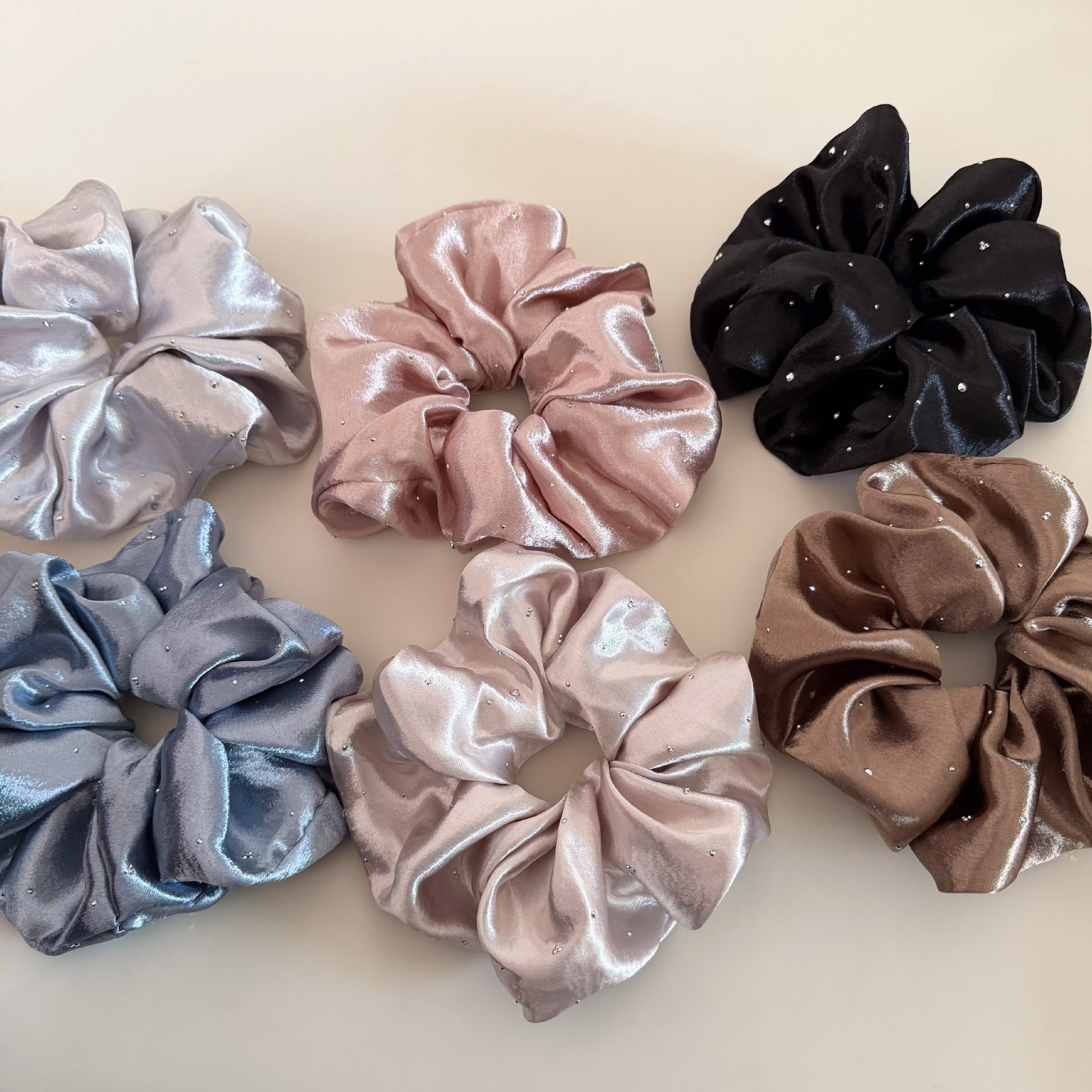 Women's French Satin Rhinestone Starry Scrunchie Hair Tie Solid Color