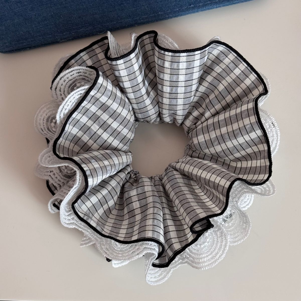 Women's Spring Retro Cloth Hair Tie Scrunchie Blue Black Plaid