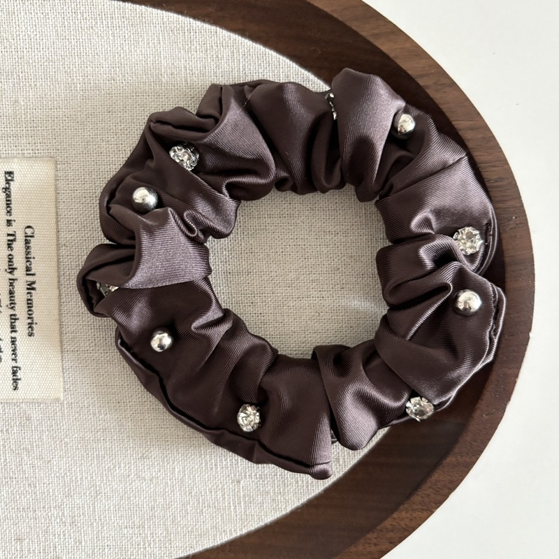 Women's Elegant Satin Crystal Ponytail Hair Ties Solid Black Coffee