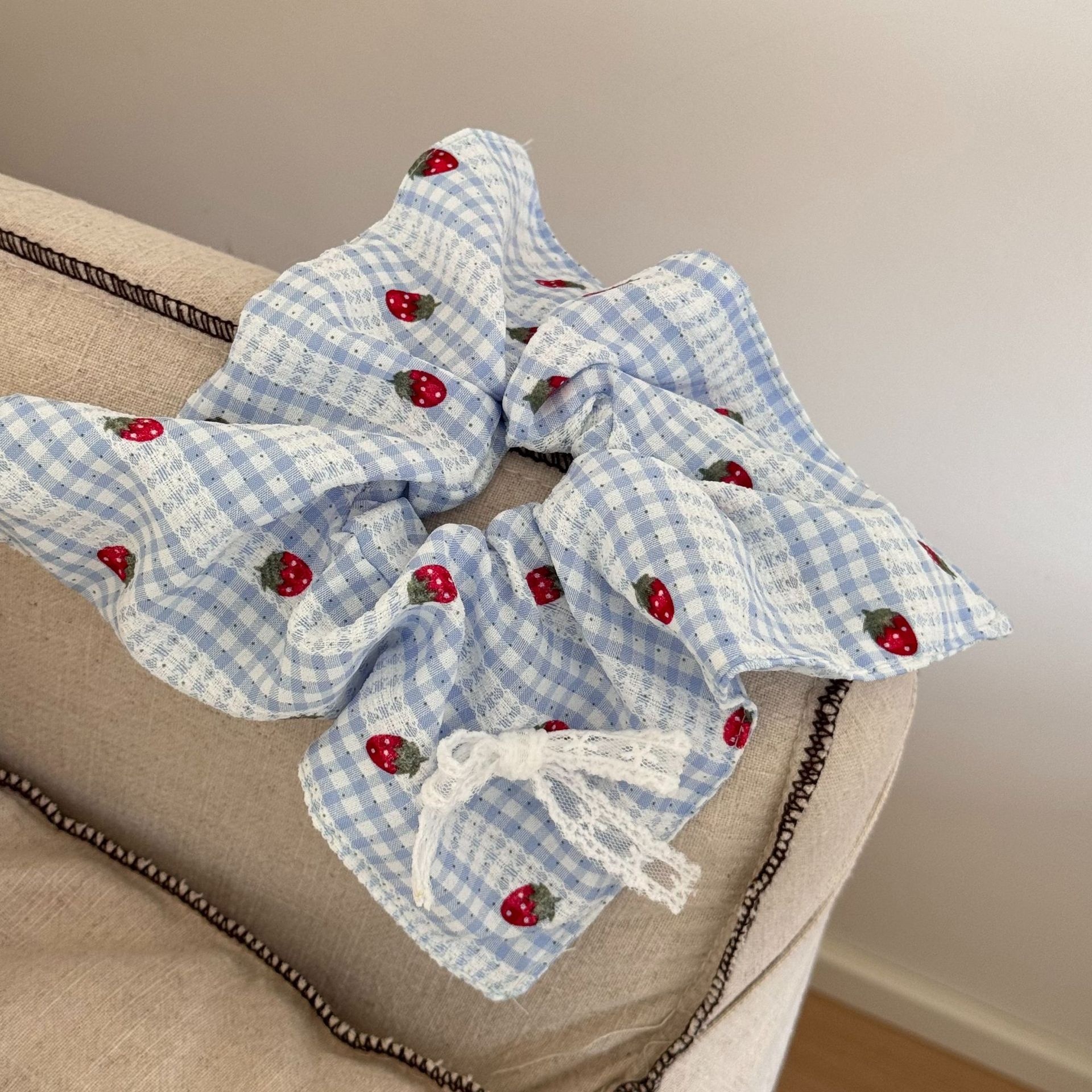 Women's Sweet Strawberry Plaid Lace Bow Scarf Hair Tie Cloth Ponytail Band