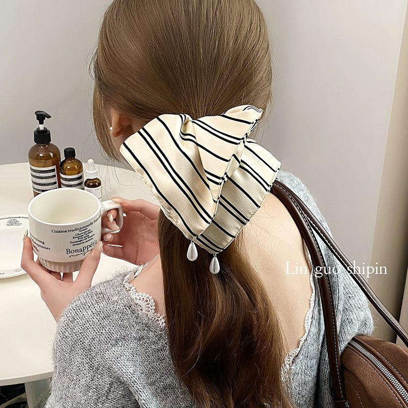 Women's All-Season Soft Satin Pearl Hair Tie Striped Beige Black