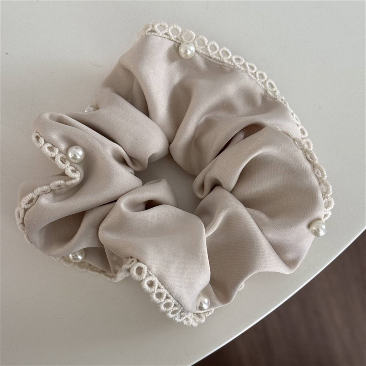 Women's Satin Pearl Lace Bow Elastic Hair Tie For Low Ponytail Solid Color
