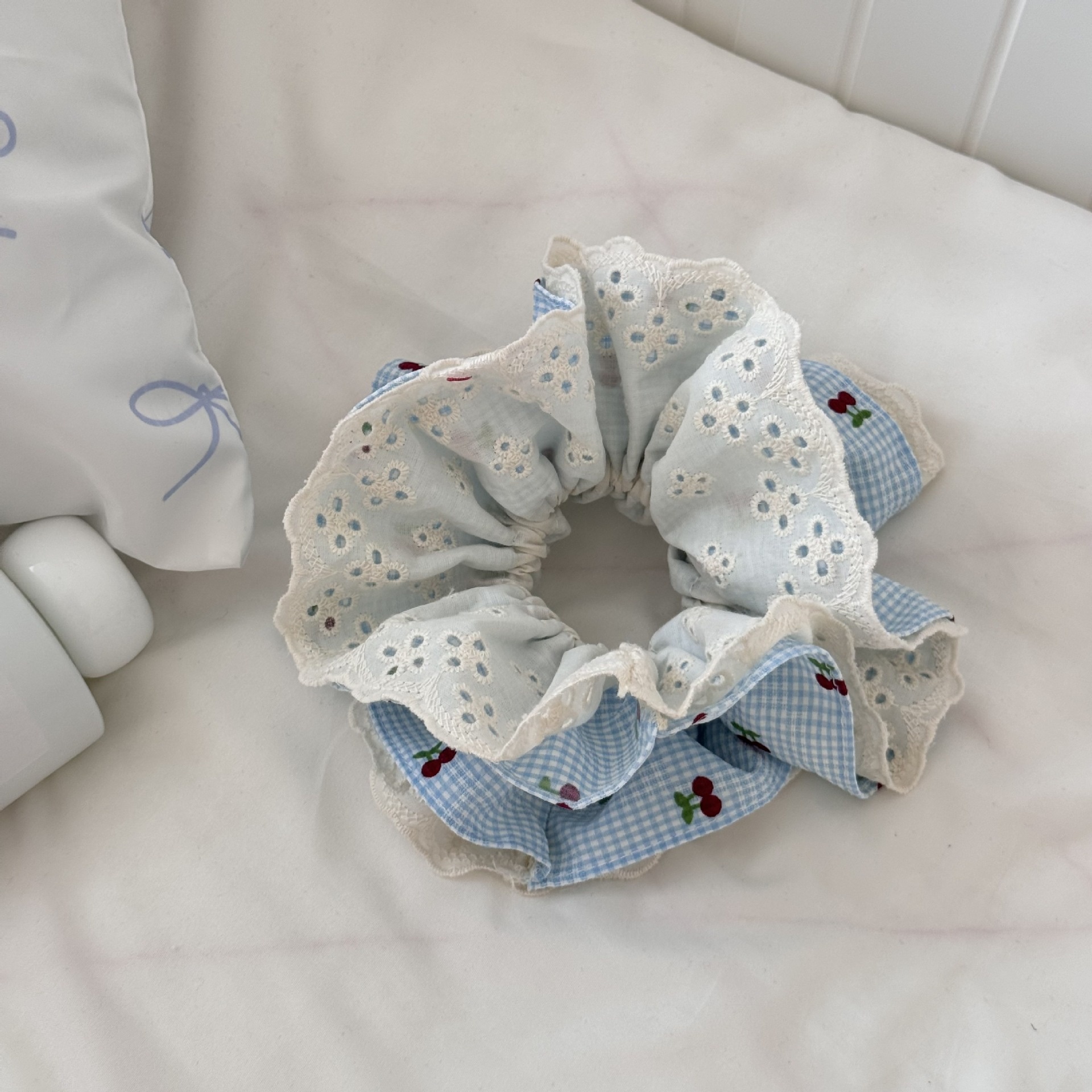 Women Casual Cloth Lace Scarf Hair Ties Sweet Cherry Plaid Floral