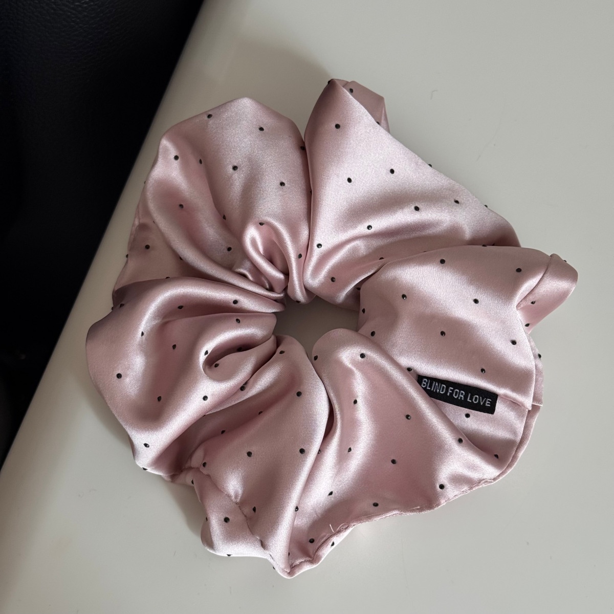 Women's Elegant Spring Satin Hair Tie Scrunchie in Beige Polka Dots