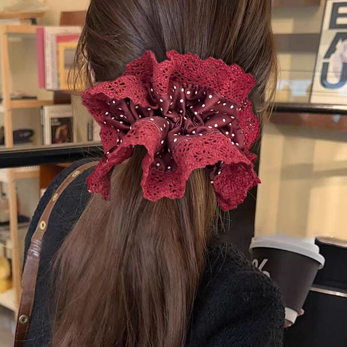 Women's Sweet New Year Cloth Hair Tie Red Polka Dots Lace