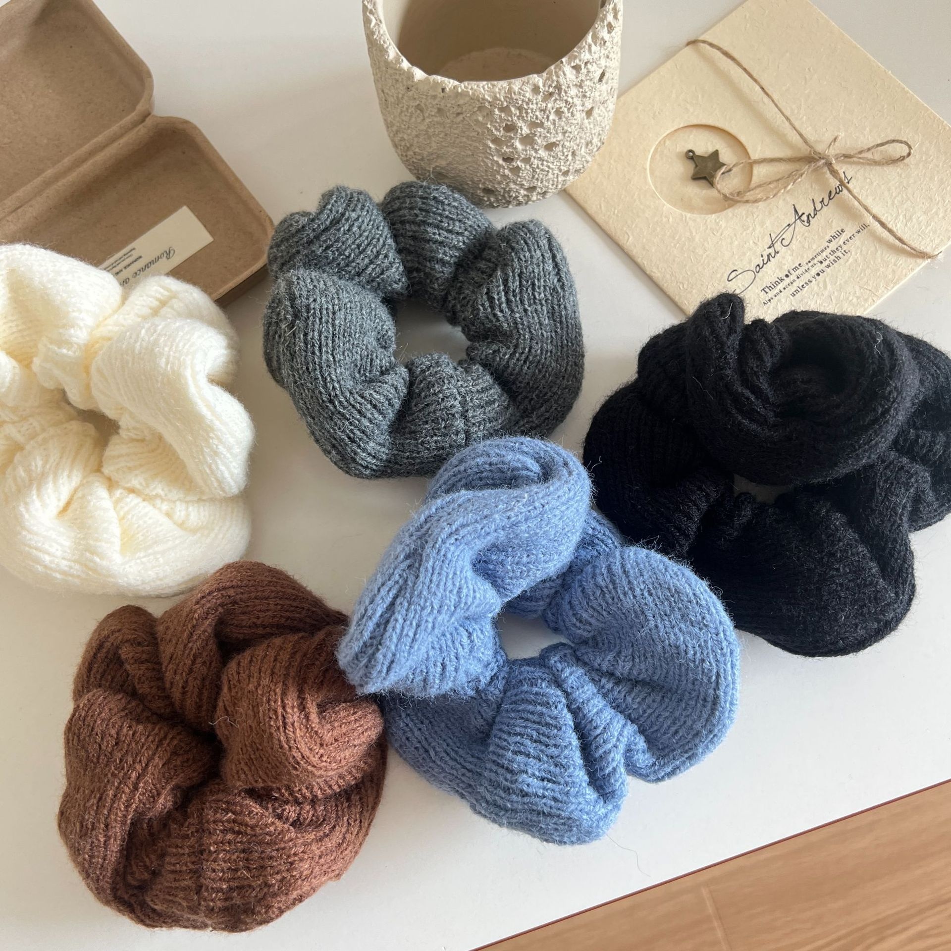 Women's Retro Knitted Pleated Elastic Hair Scrunchie Solid Coffee Color