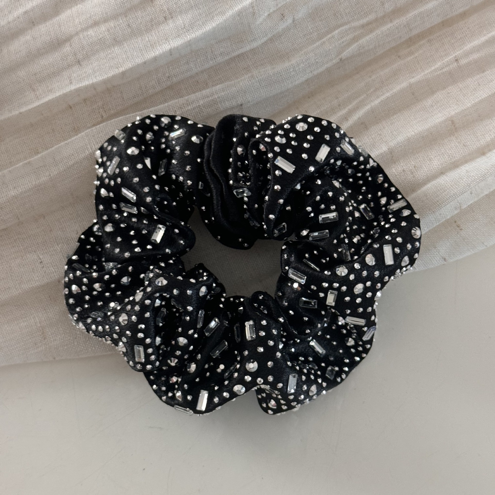 Women's Sweet Rhinestone Satin Summer Hair Tie Irregular Black