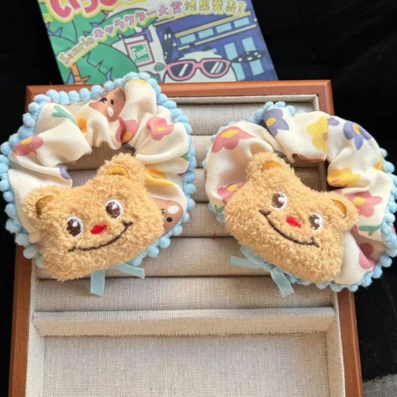 Girls Cute Butter Bear Satin Ponytail Hair Scrunchie Pink Cartoon